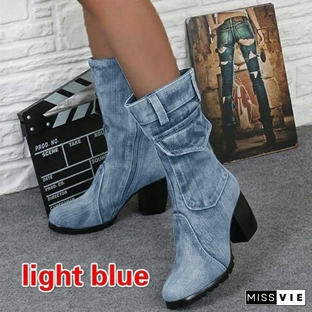 New Fashion Women's Denim Boots Chunky High Heel Mid Calf Boots Ladies Side Zipper Cowboy Boots