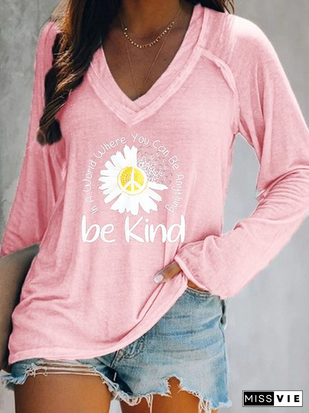 Casual V neck Long Sleeve Printed T-shirt