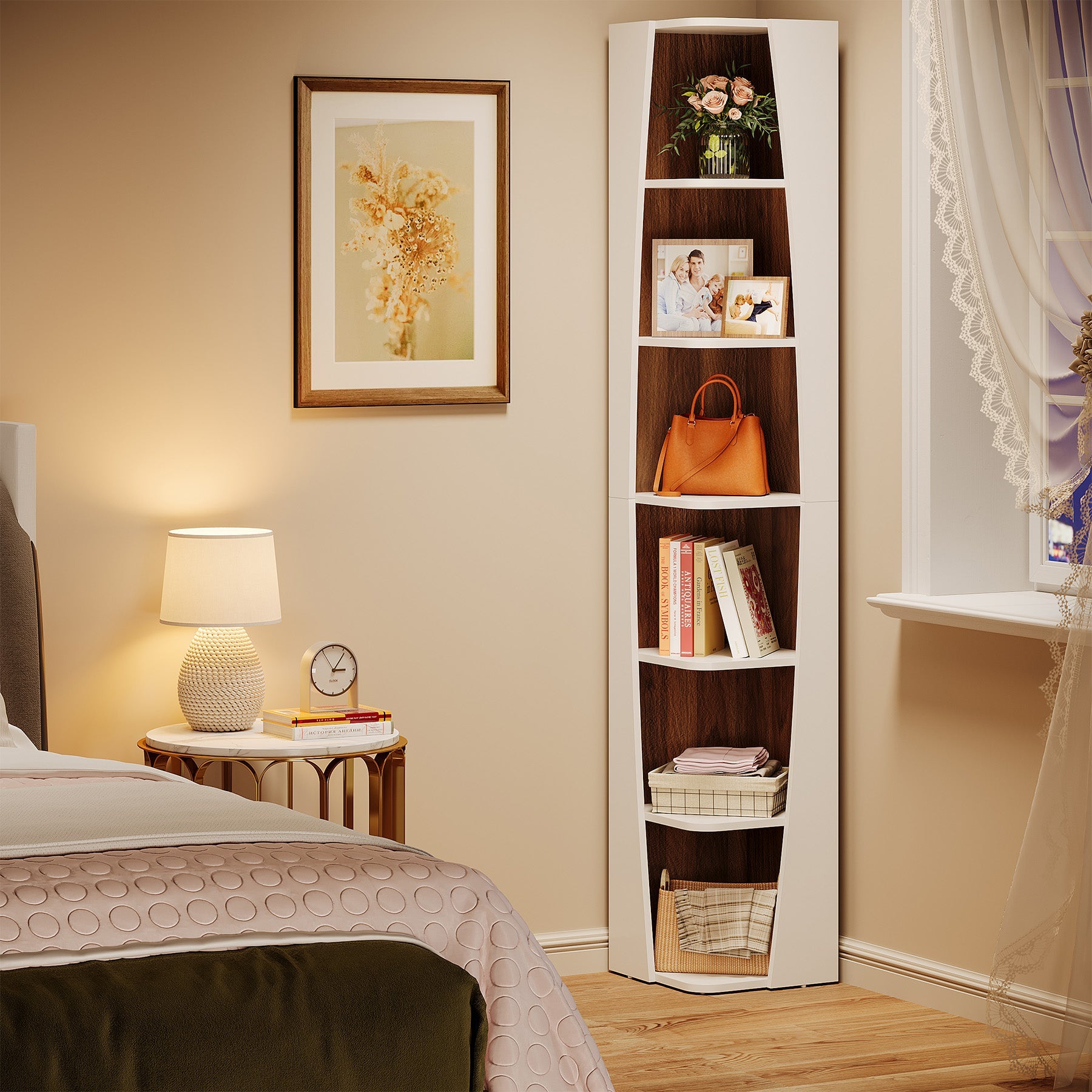 70.9 Corner Bookshelf, 6-Tier Bookcase Display Shelves with Storage