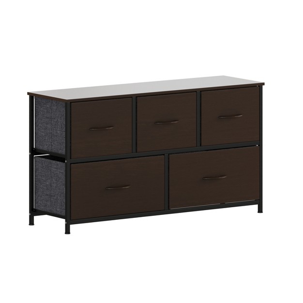 Emma And Oliver 5 Drawer Storage Dresser With Cast Iron Frame Wood Top And Easy Pull Fabric Drawers With Wooden Handles