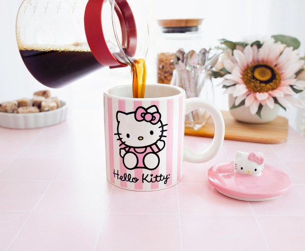 Silver Buffalo Sanrio Hello Kitty Pink Stripes Ceramic Mug With Lid Holds 18 Ounces