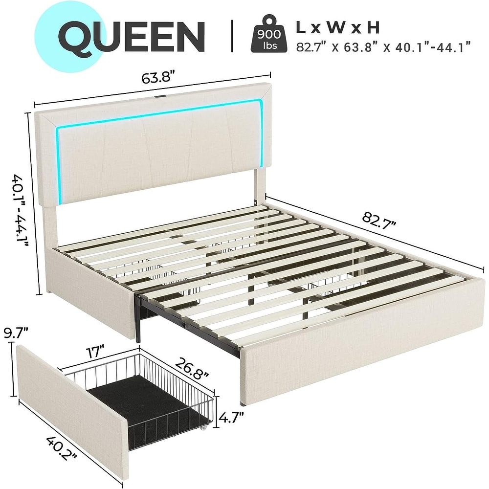 Queen Bed Frame LED Light Headboard 4 Storage Drawers Charging Station