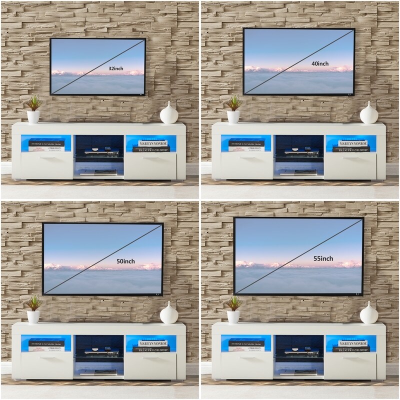 Modern entertainment center with LED lights  high light media TV console with tempered glass shelf