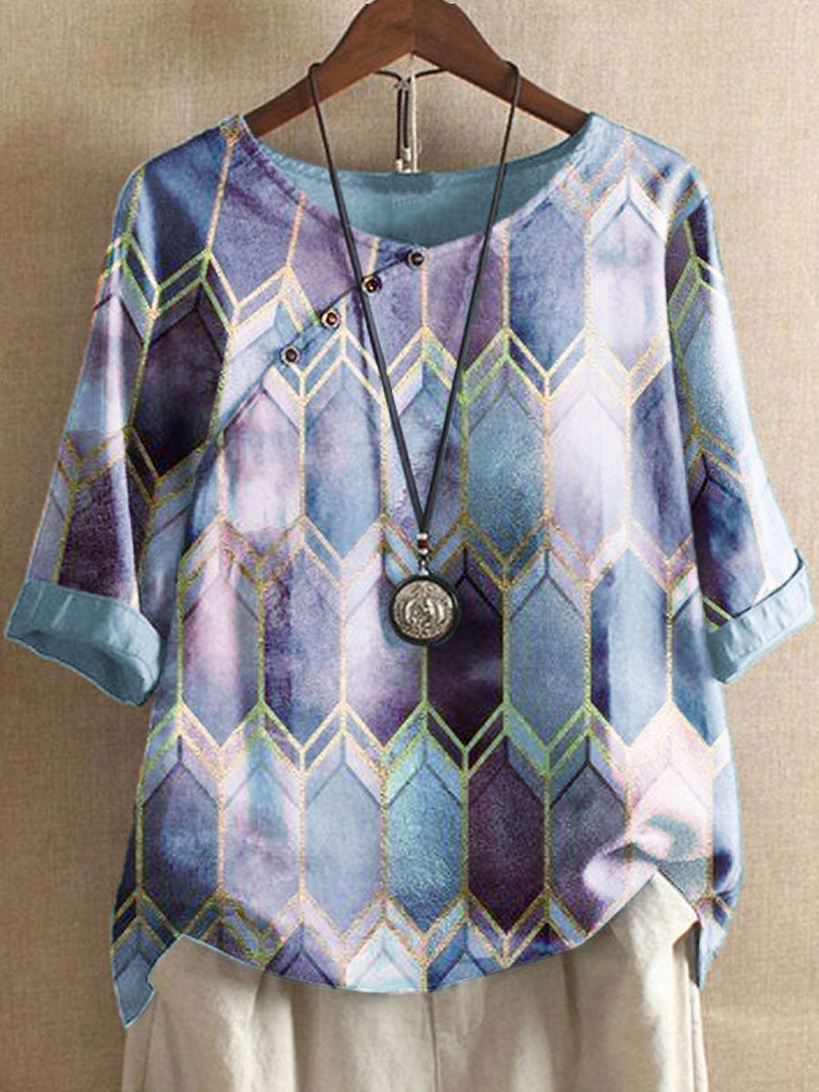 Round Neck Geometric Print Casual Fashion Blouse