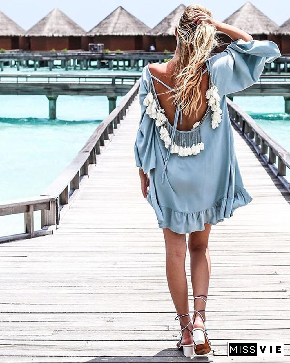 Sexy Open Back Fringe Long Sleeve Loose Beach Dress