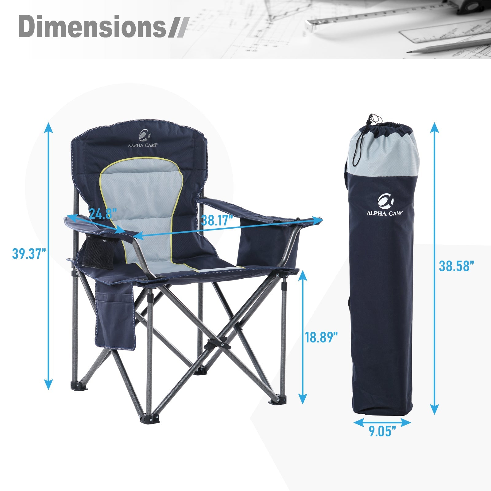 Alpha Camp Oversized Camping Chair Portable Padded Quad Chair Heavy Duty Lawn Chair Steel Frame Arm Chair with Cooler 450LBS Weight Capacity Suitable for Outdoor Camping, Blue