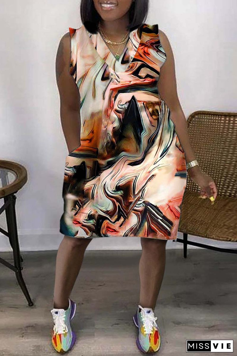 Multicolor Casual Print Basic V Neck Sleeveless Dress Dresses