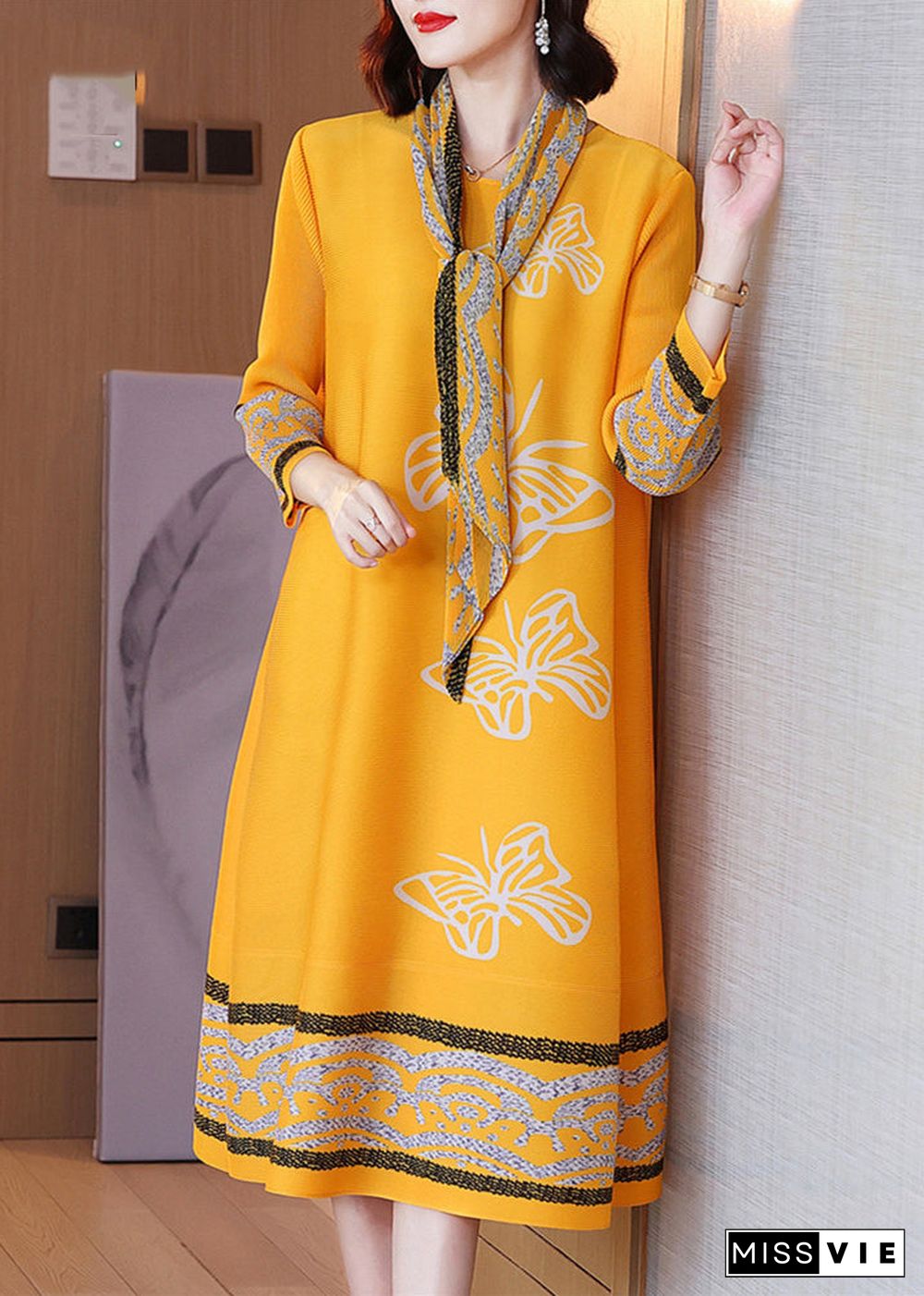 Boutique Yellow O-Neck Print Low High Desig Maxi Dresses Long Sleeve