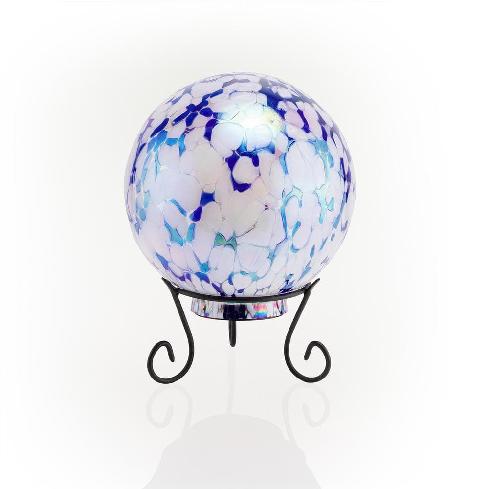 Alpine Corporation 8 in. Dia Indoor/Outdoor Glass Gazing Globe with LED Lights and Stand, Blue/White HGY308A-TM