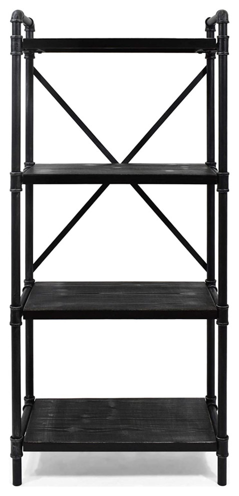 Tall Bookcase  Metal Support Back With Open Firwood Shelves  Grey/Pewter Finish   Industrial   Bookcases   by Declusia  Houzz