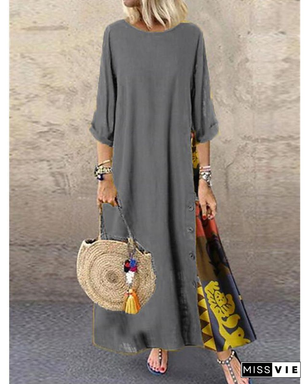 Women's Swing Dress Maxi long Dress - 3/4 Length Sleeve Print Print Spring & Summer Hot Casual Holiday vacation dresses Loose  Red Yellow Wine Army Green Navy Blue Gray L XL XXL 3XL 4XL 5XL