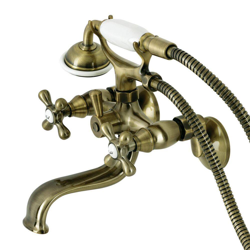 Kingston Brass Kingston 2-Handle Wall-Mount Clawfoot Tub Faucets with Handshower in Antique Brass HKS225AB