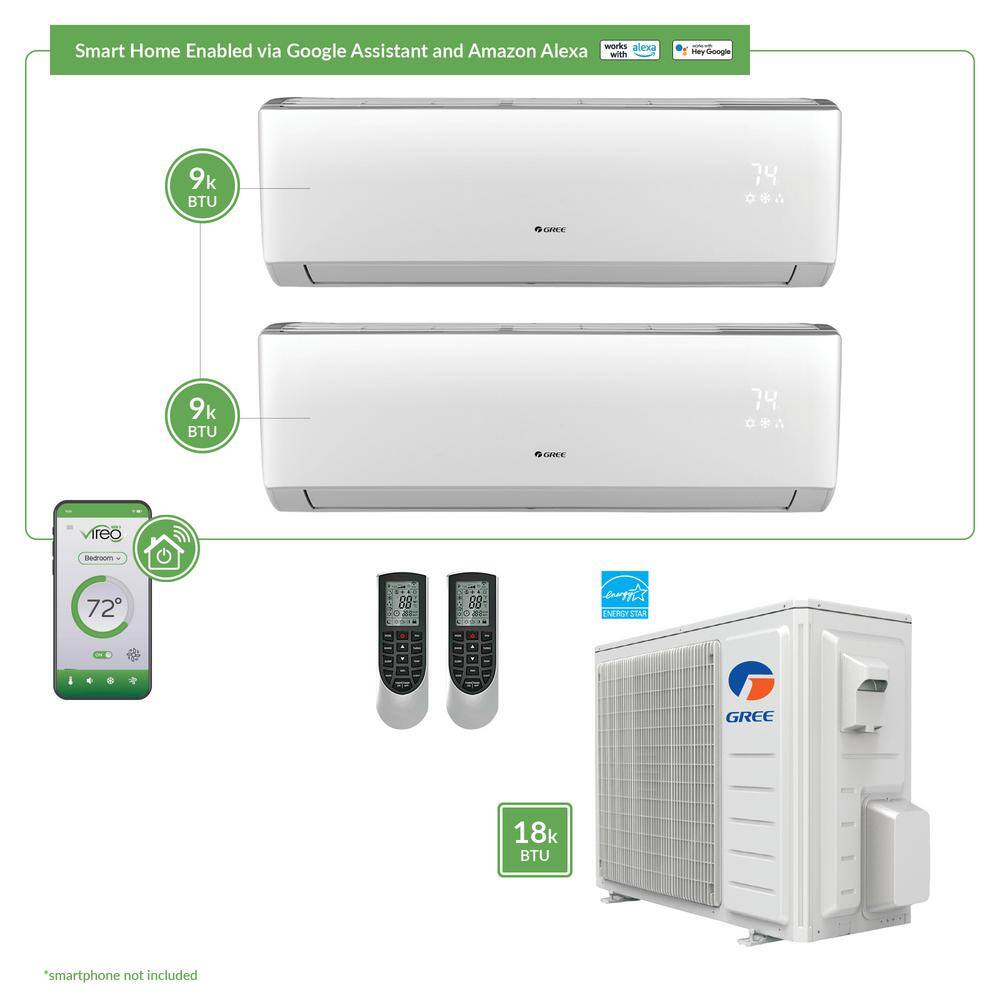 GREE Gen3 Smart Home Dual-Zone 18000 BTU 1.5 Ton Ductless Mini Split Air Conditioner with Heat Inverter Remote - 208-230-V MULTI18VIR200HP