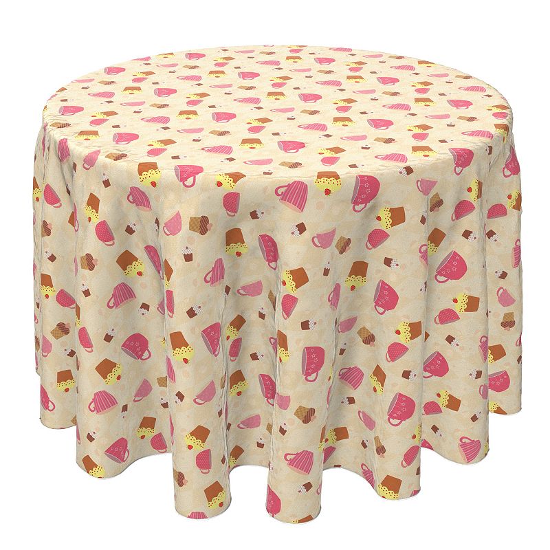 Round Tablecloth， 100% Cotton， 60 Round， Tea Cups and Cupcakes