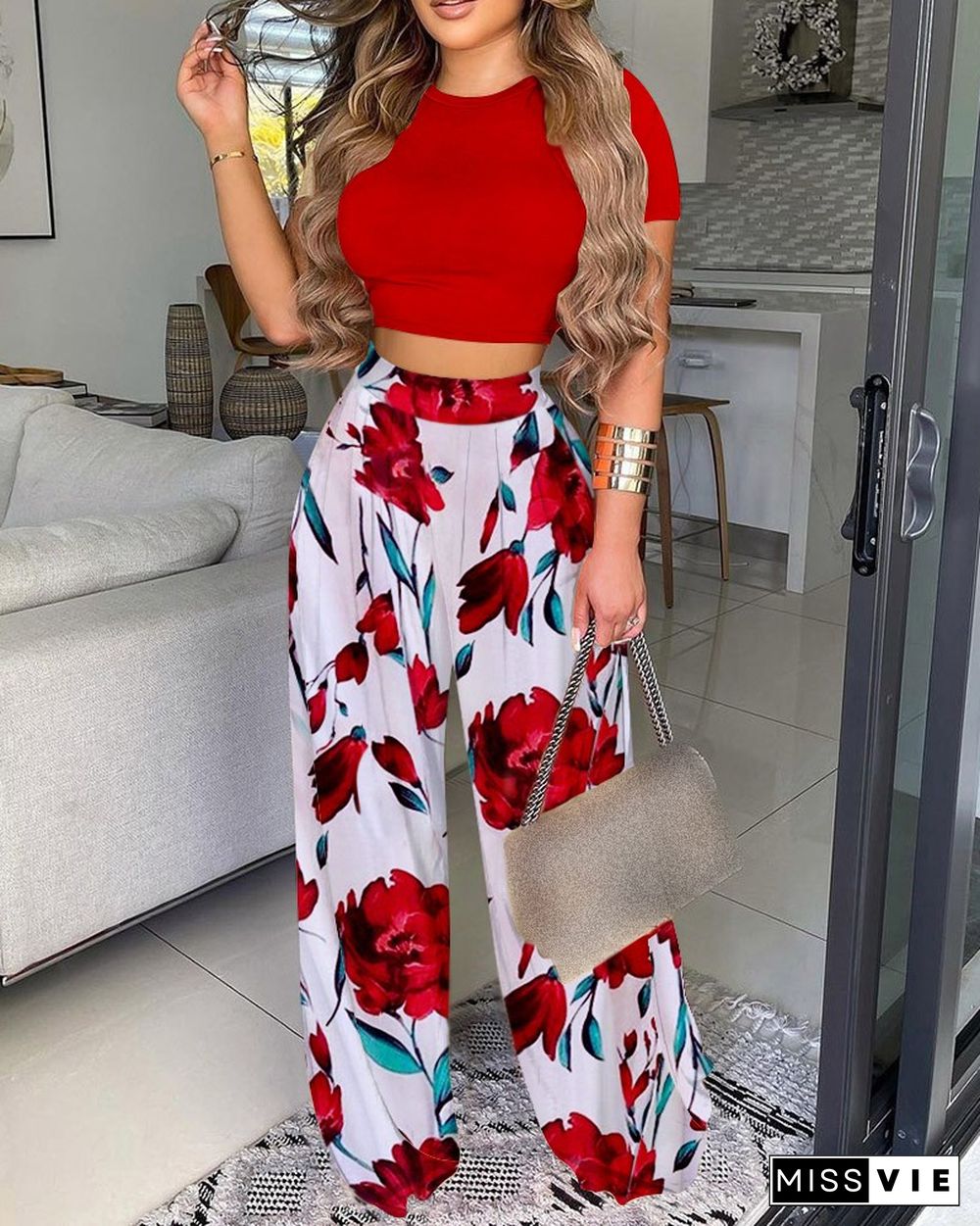 O-neck Top & Floral Print Wide Leg Pants Set