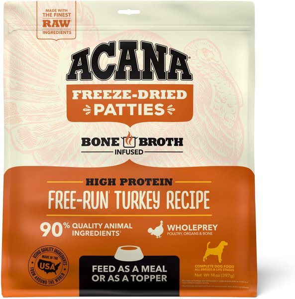 ACANA Free-Run Turkey Recipe Patties Grain-Free Freeze Dried Dog Food and Topper， 14-oz bag