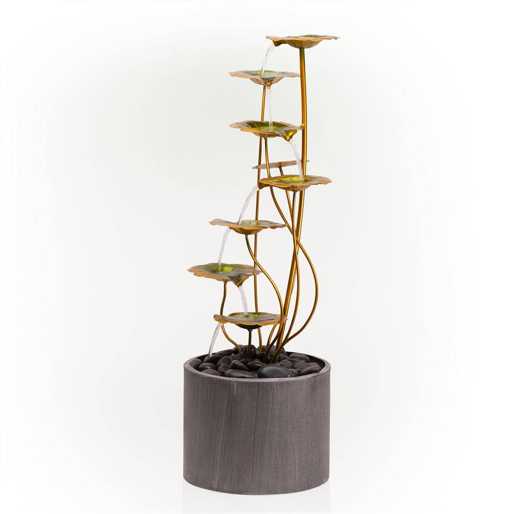 Alpine Corporation 31 in. Tall Indoor/Outdoor Multi-Tiered Lily Pads Metal Fountain with Stones CPS220