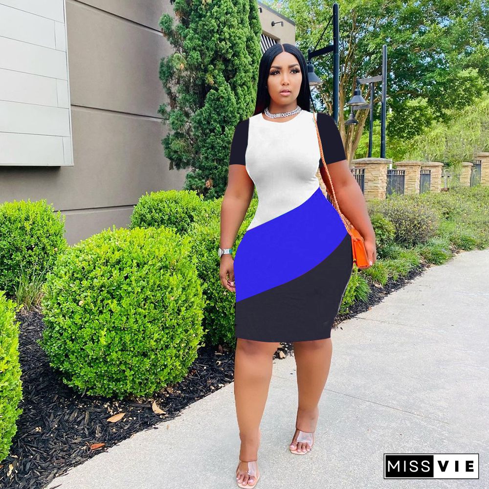 Color Block Short Sleeve Plus Size Pencil Dresses