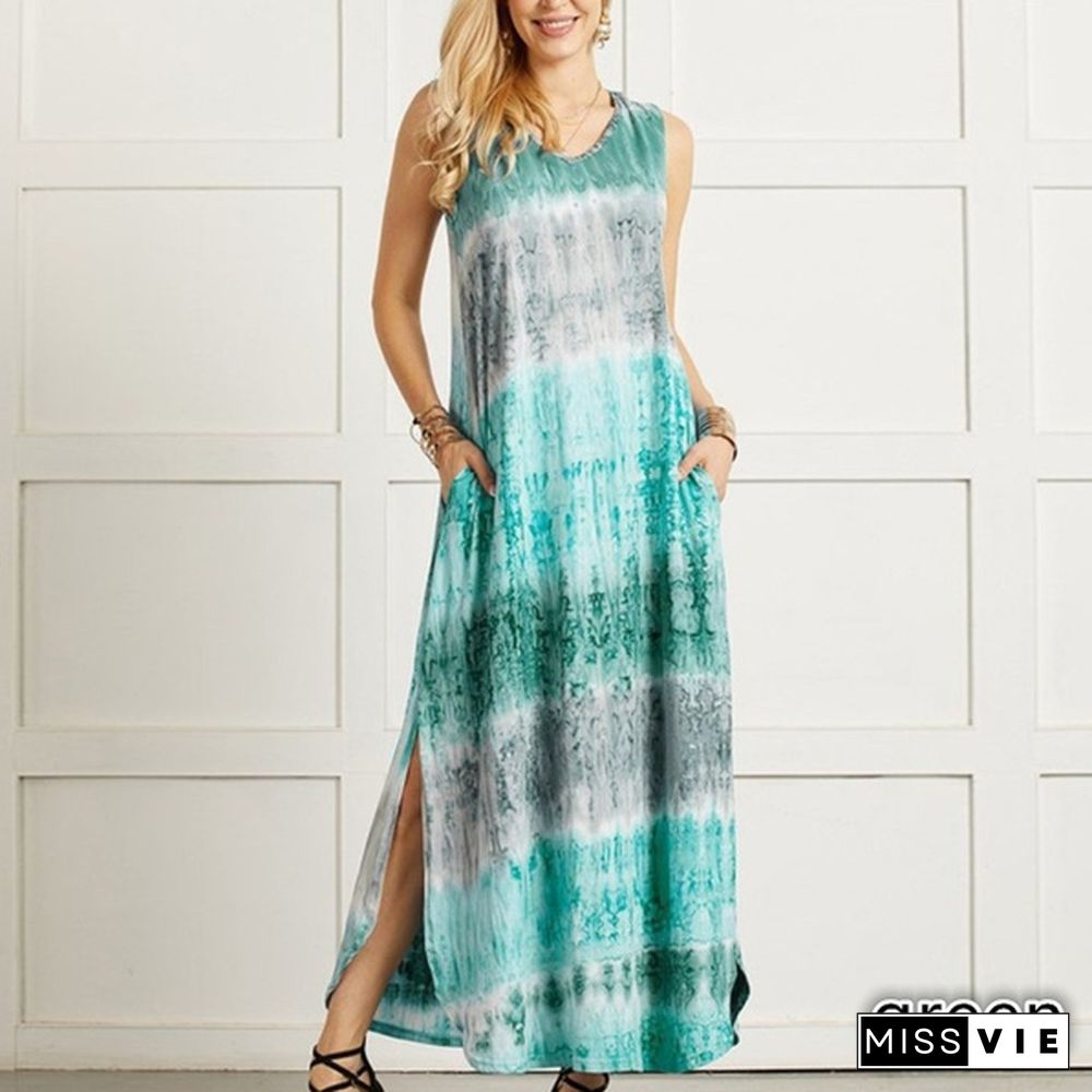 Womens Boho Sleeveless Maxi Dress Summer Casual Loose Tie dye printing Long Sundress Plus Size