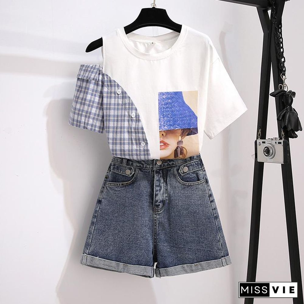 Off Shoulder Print T-shirt +Denim Shorts P13636