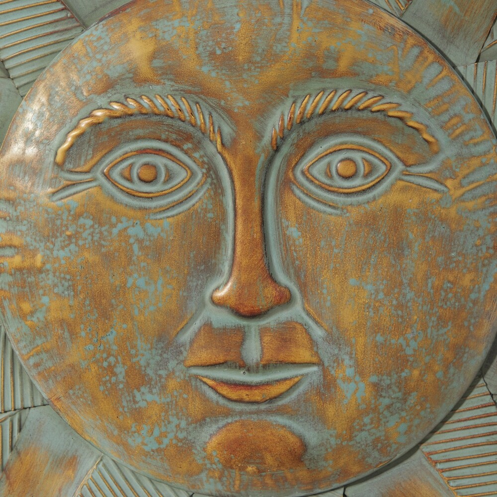 Gold Metal Indoor Outdoor Distressed Sunburst Wall Decor with Copper Like Accents and Grooves   35 x 1 x 35Round
