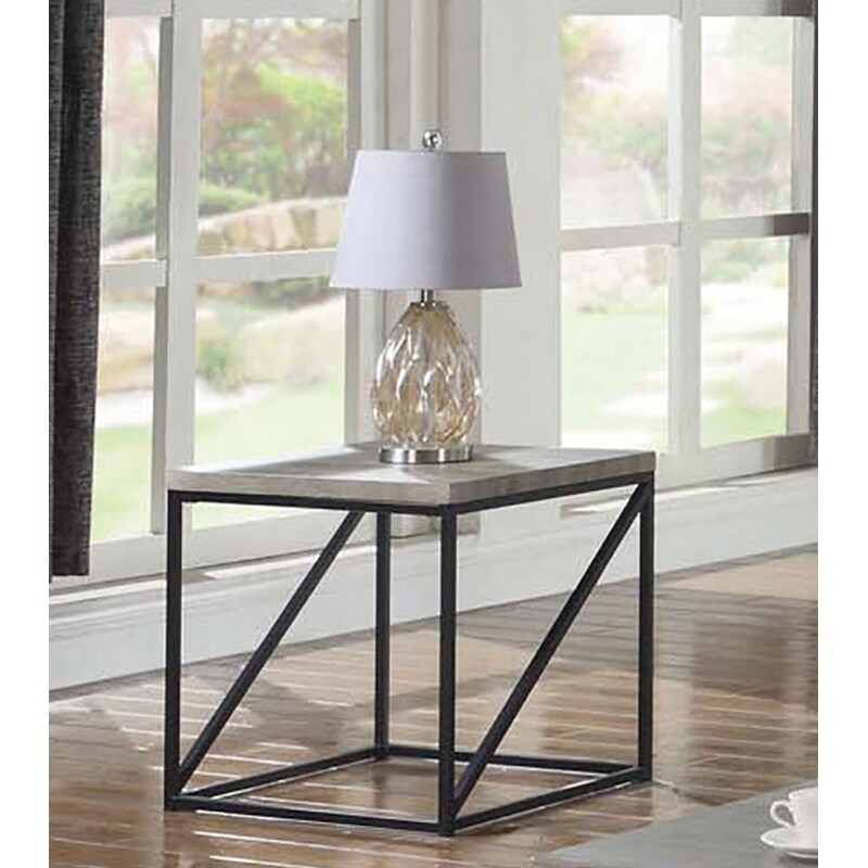 Industrial Style Minimal End Table With Wooden Top And Metallic Base， Gray