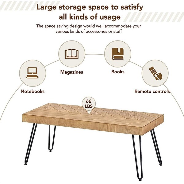 Natural wood coffee table 43.3-inch coffee table with chevron pattern and metal hairpin legs