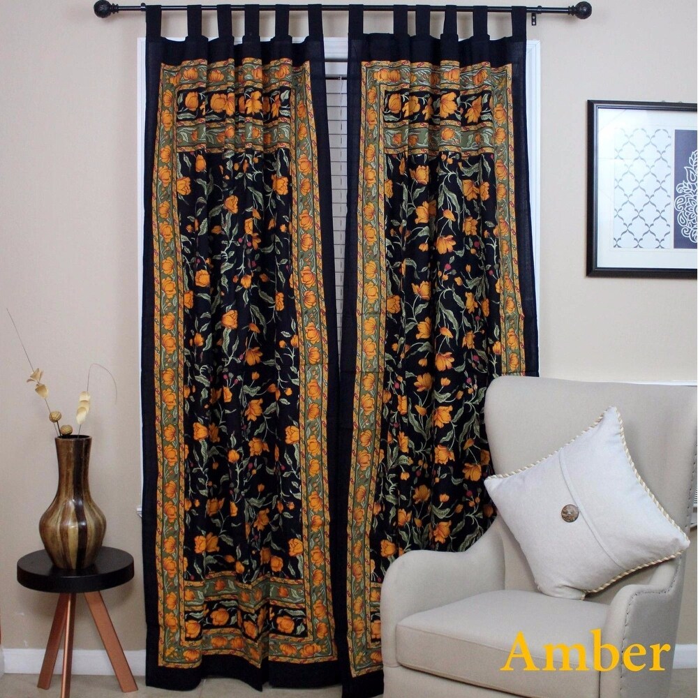 Handmade French Floral Tab Top Curtain 100% Cotton Drape Door Panel in Ivory Blue Black Amber   Violet   44 x 88