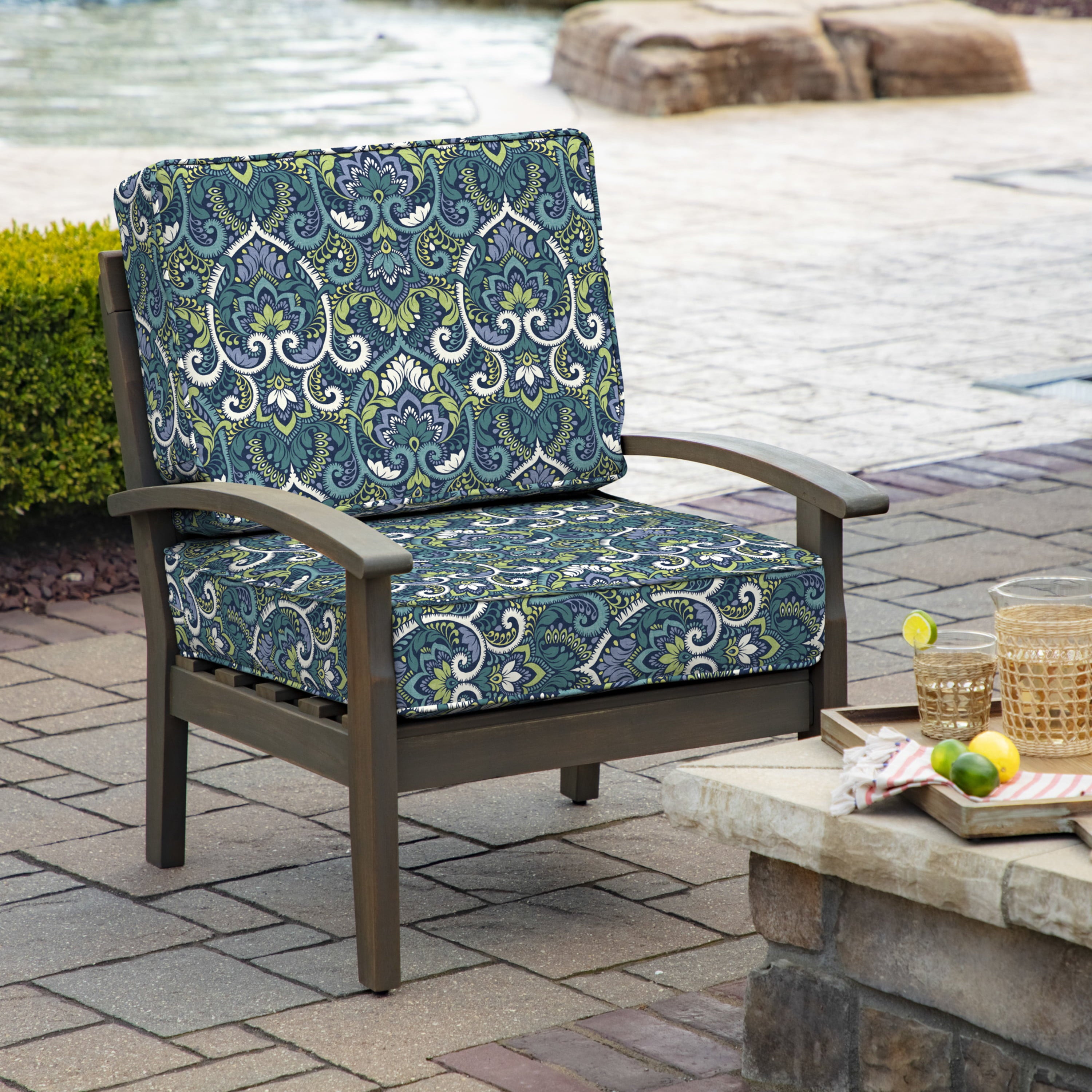 Arden Selections ProFoam Essentials Outdoor Deep Seating Cushion Set 24 x 24， Sapphire Aurora Blue Damask