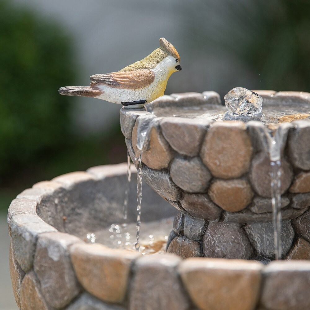 Glitzhome 24.5 inch Outdoor 2 tier Faux Pebbles Polyresin Birdbath Fountain with Pump