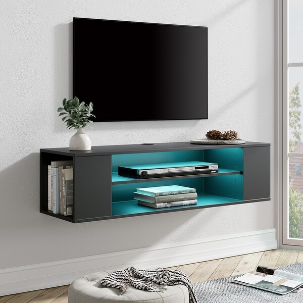 3-Tier Floating TV Stand with Adjustable Shelves for Living Room， Black