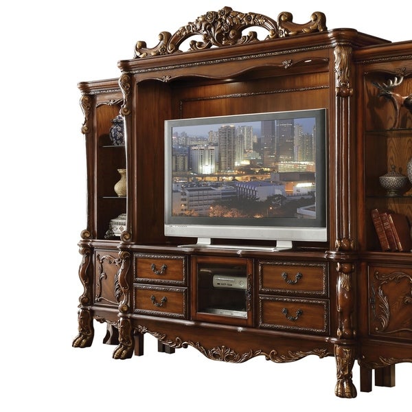 Baroque Style Wooden Entertainment Center with 2 Side Piers， Brown