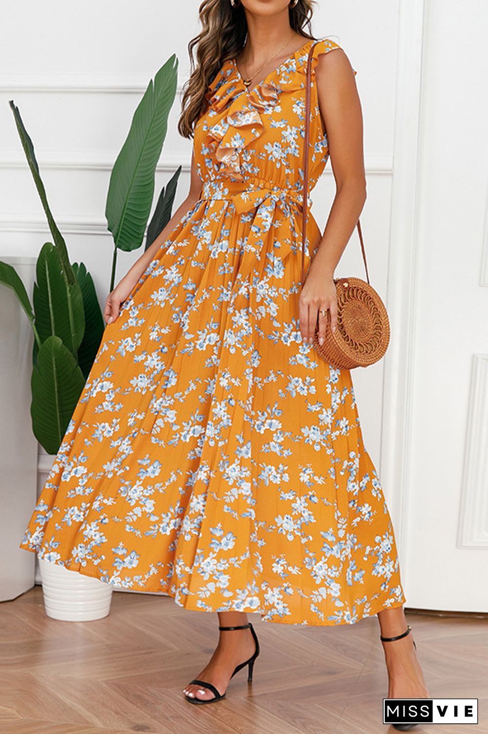 Sleeveless Smocked Tie Waist Floral Dress