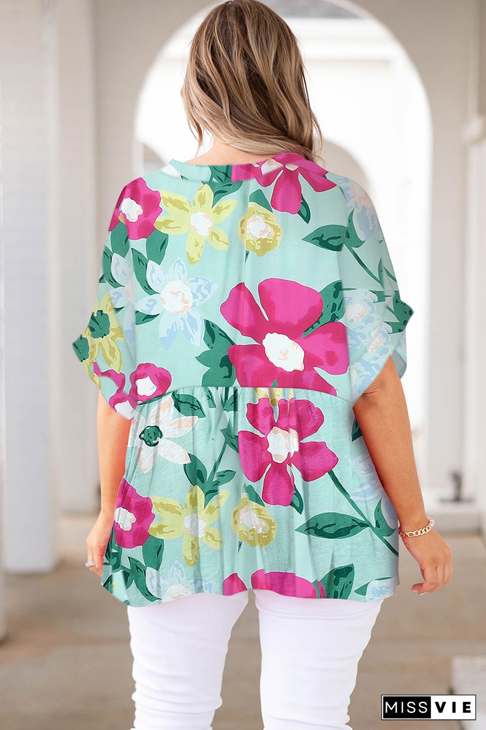 Green Floral V Neck Half Sleeve Plus Size Blouse