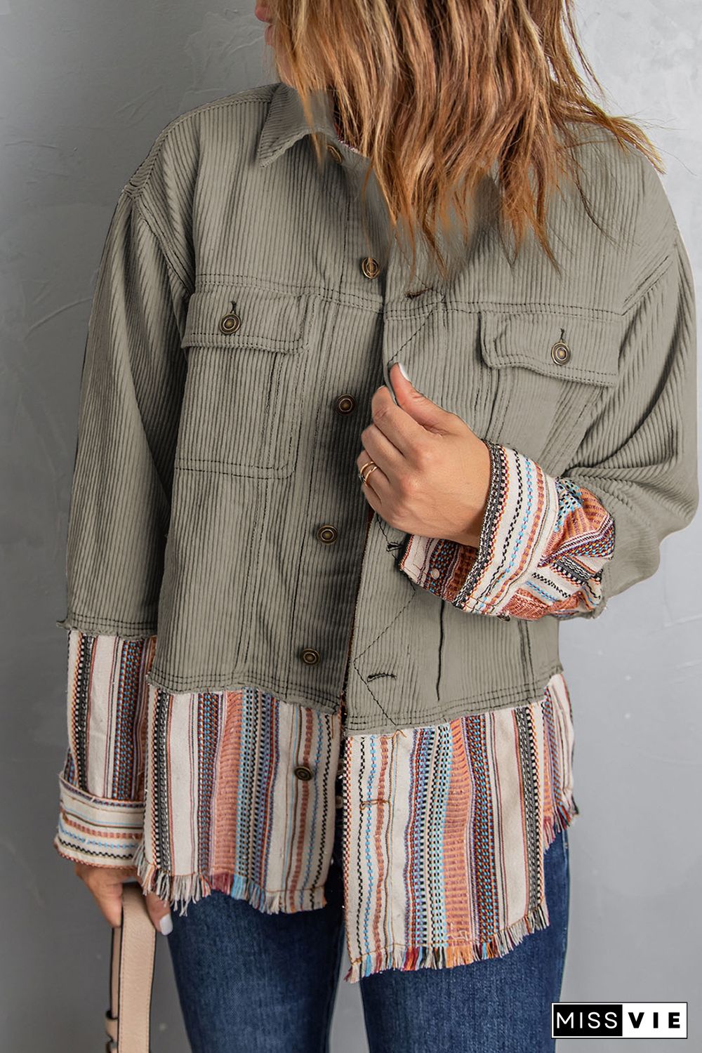 Green Button Up Pockets Striped Color Block Corduroy Jacket