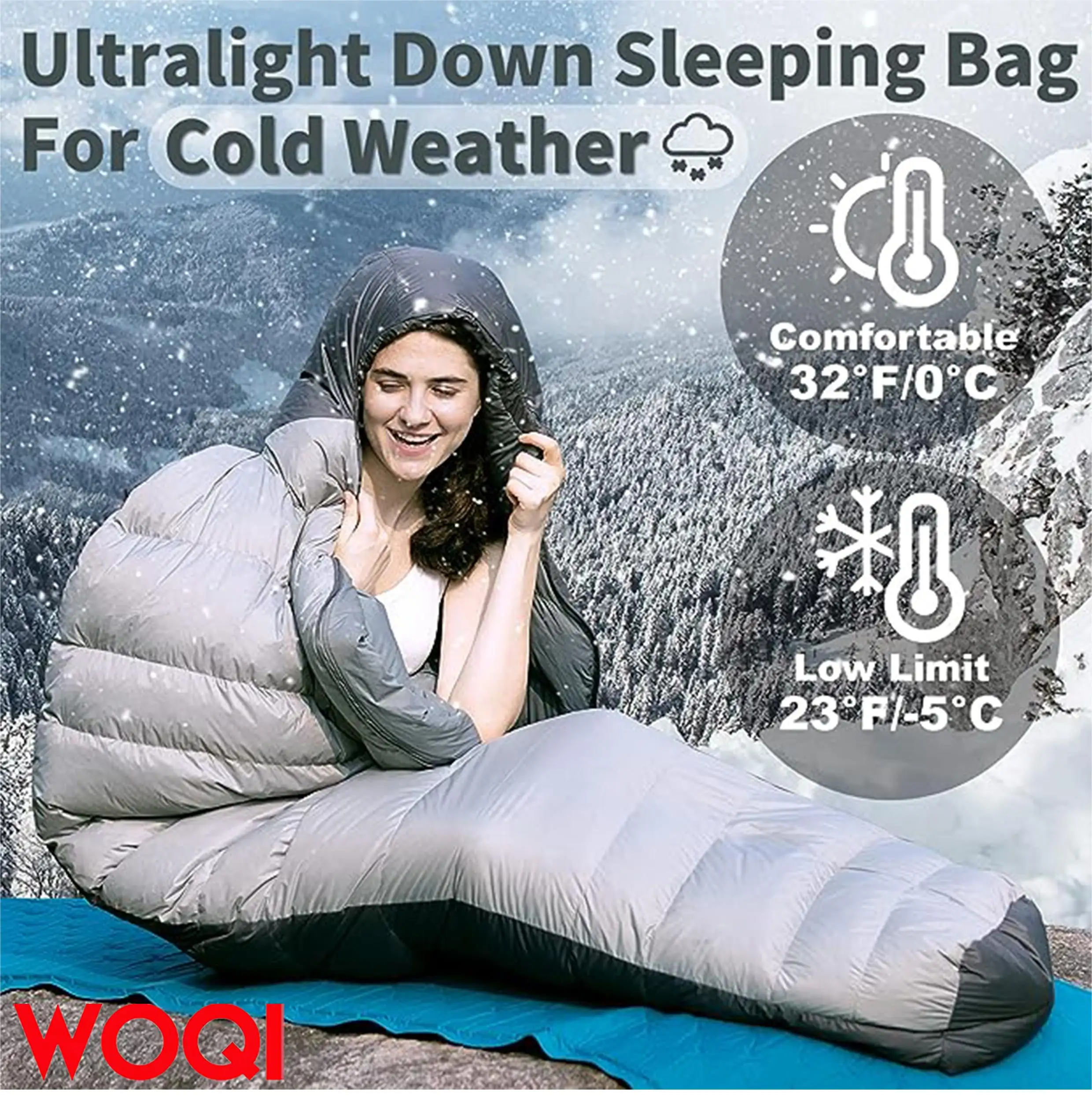 WOQI Lightweight Single mummy sleeping bag with 800g duck down for cold weather