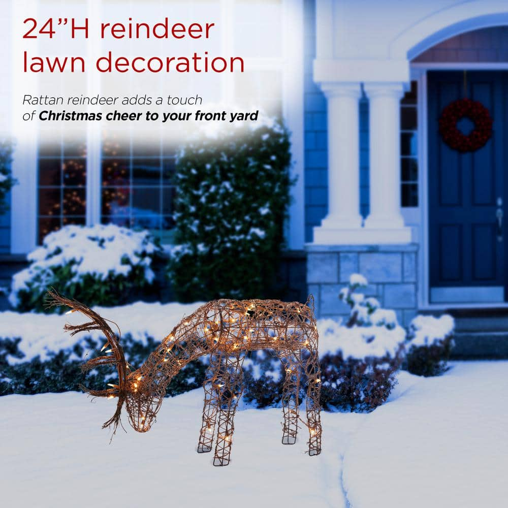 Alpine Corporation 24 in. Tall Rattan Grazing Reindeer Decoration with Halogen Lights AUH166