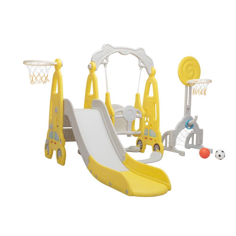 Nyeekoy 5-in-1 Kids Slide and Swing Set Toddler Climber Playset Indoor Outdoor Playground Yellow Plus Grey TH17A1003-T01