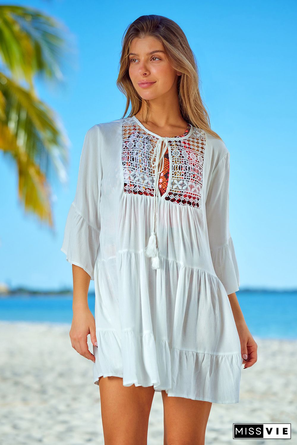 White Lace Panel Tie V Neck Beach Cover-up