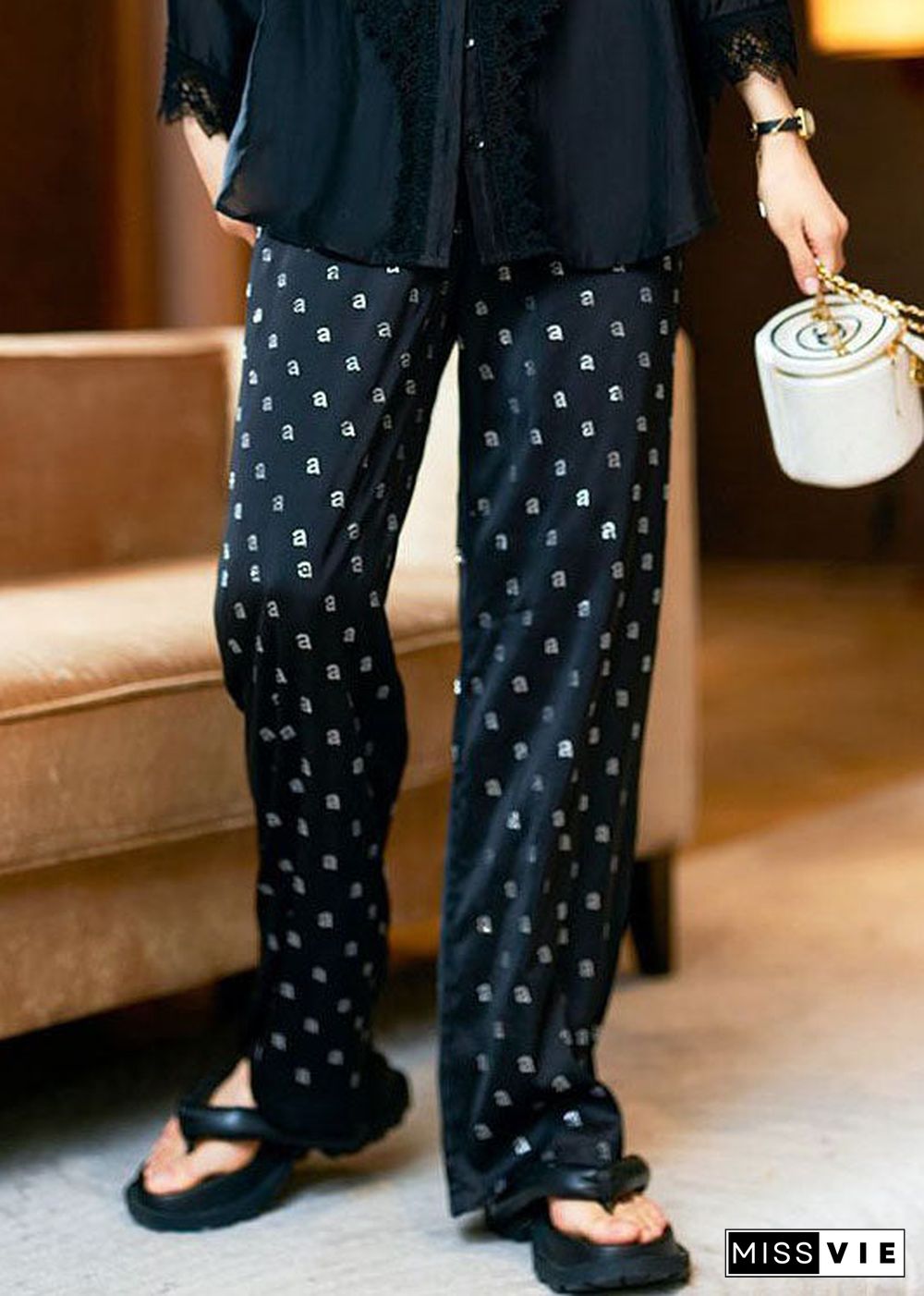 Fine Black Pockets Letter Zircon Patchwork Cotton Straight Pants Fall