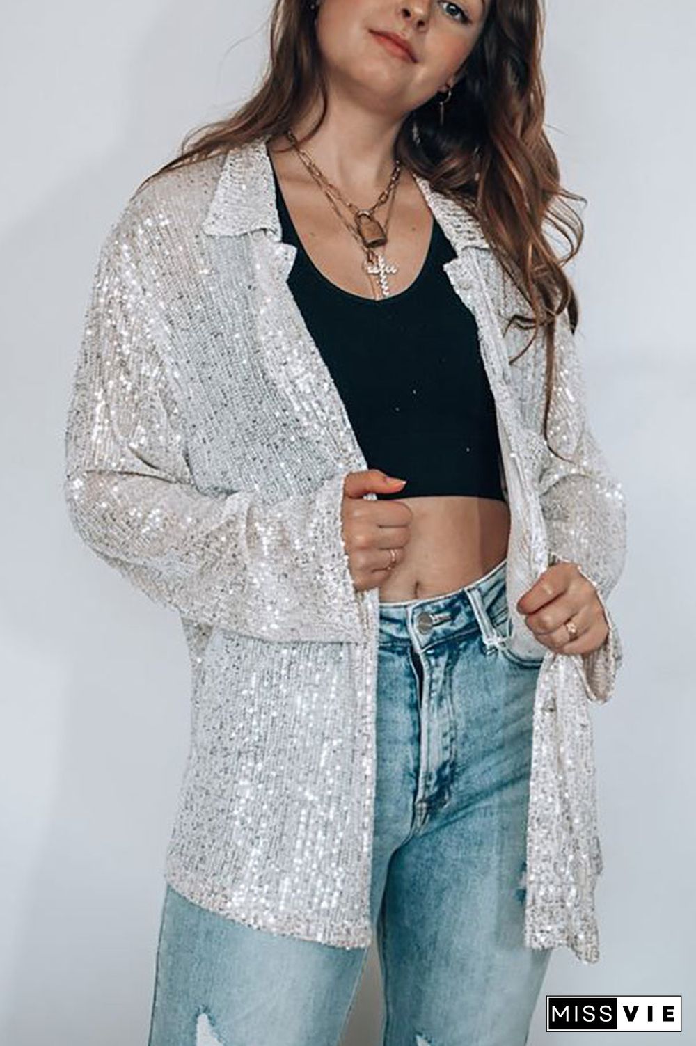 Sequin Oversized Button Shirt