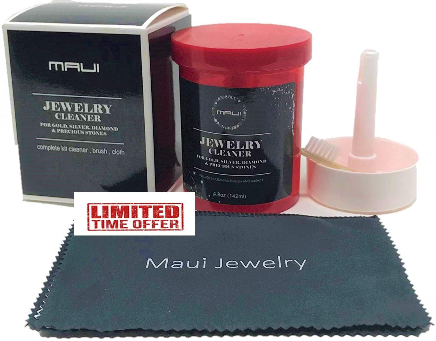 MAUI Jewelry Cleaner. Liquid Jewelry Cleaner Complete kit Solution with Cloth for GOLD, Silver, Diamond. Safety Solution Comes with Basket, Brush and Cloth for extra cleaning