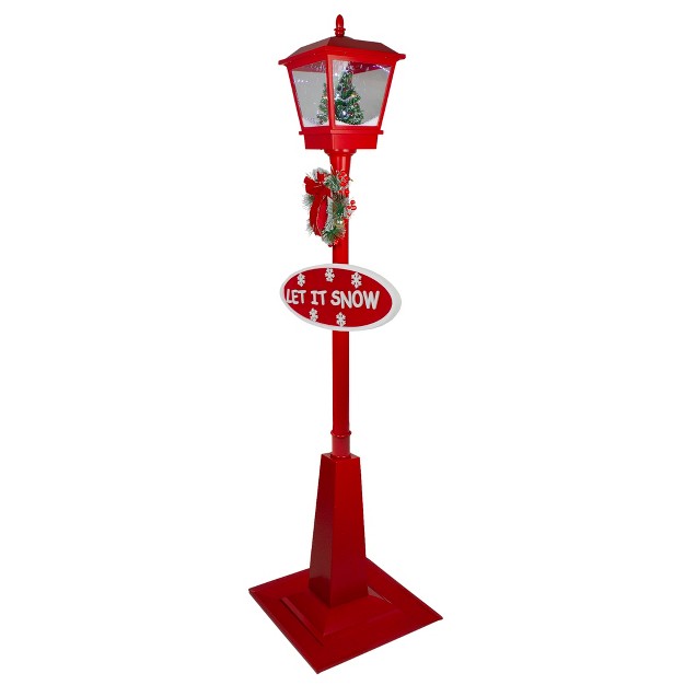 Musical Red Holiday Street Lamp With Christmas Tree Snowfall Lantern