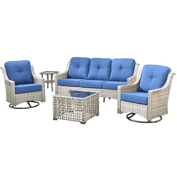 HOOOWOOO 5piece Patio Wicker Furniture Conversation Set with Swivel Chair and Coffee Table