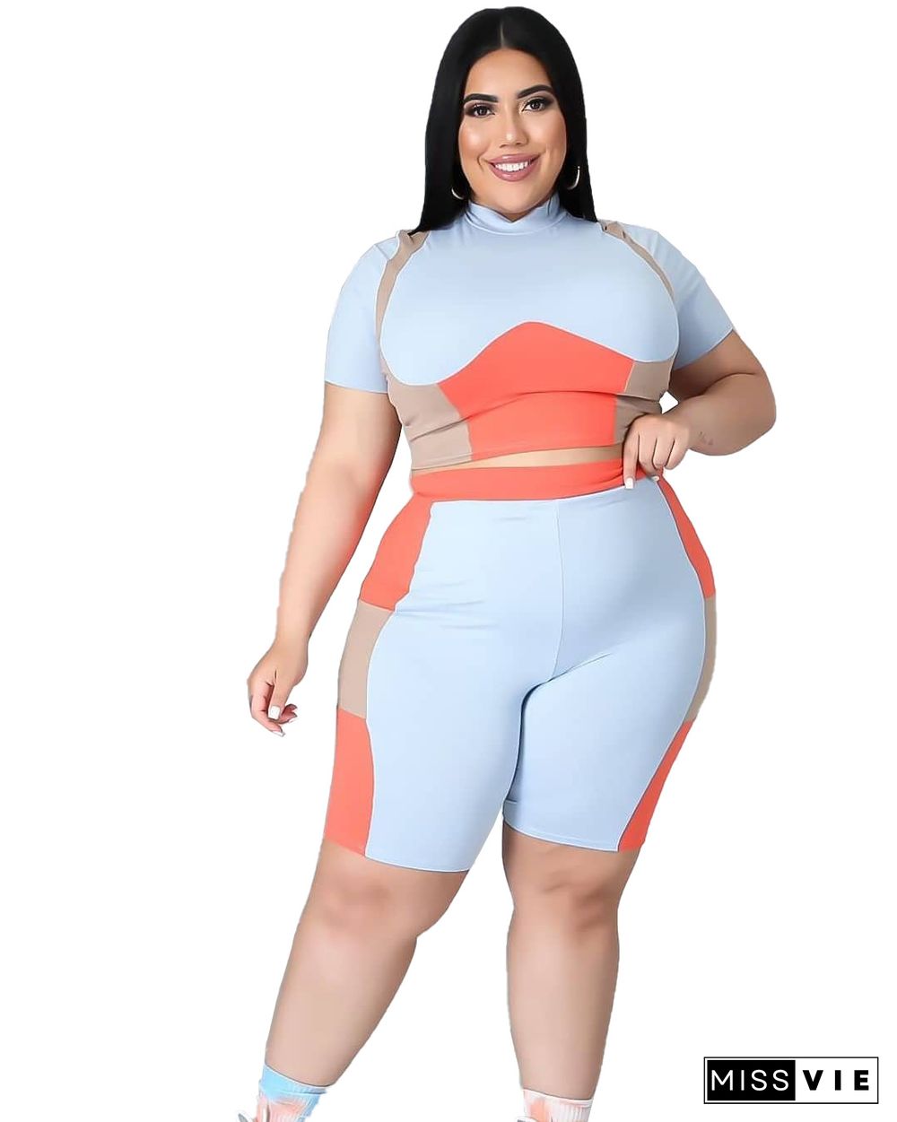 Women Plus Size Set Patchwork Short Sleeve Crop Tops Stretchy Shorts Tracksuit Summer Two Piece Outfits