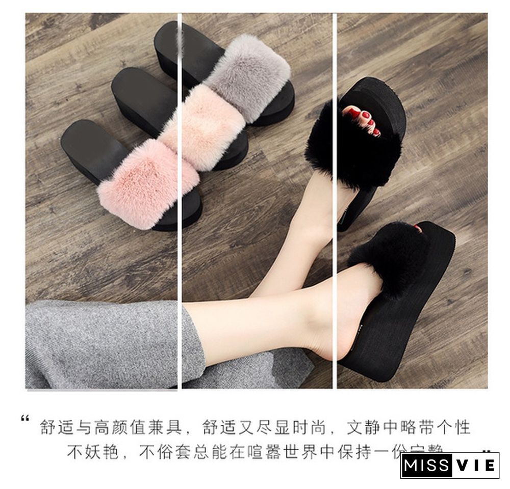 Home Slippers 7 Cm High Heel Women's Plush Shoes Autumn Winter Home Shoes Thick Heel Non-Slip Plush Slippers