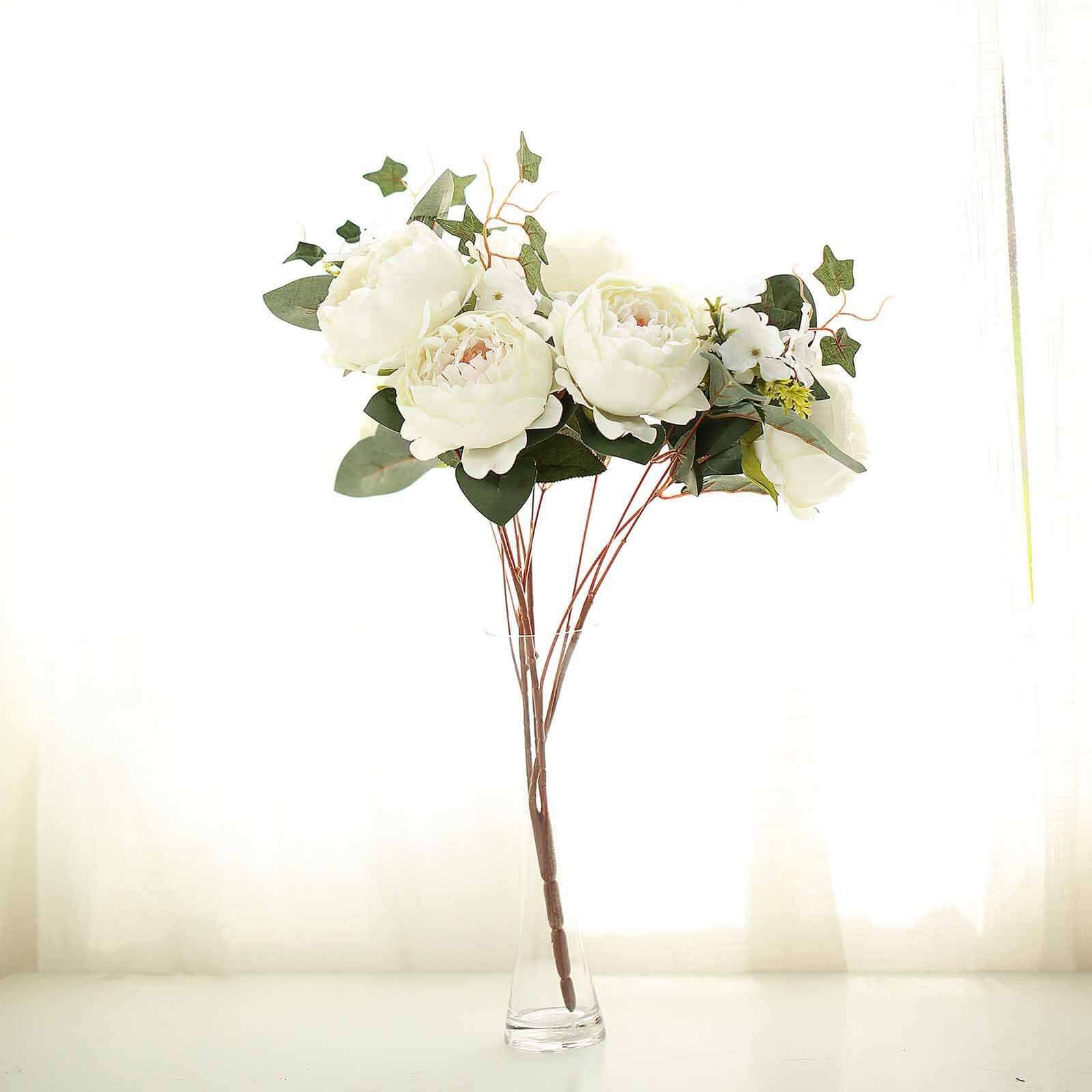 2 Bush Ivory Artificial Silk Peony, Rose and Hydrangea Flower Bouquet