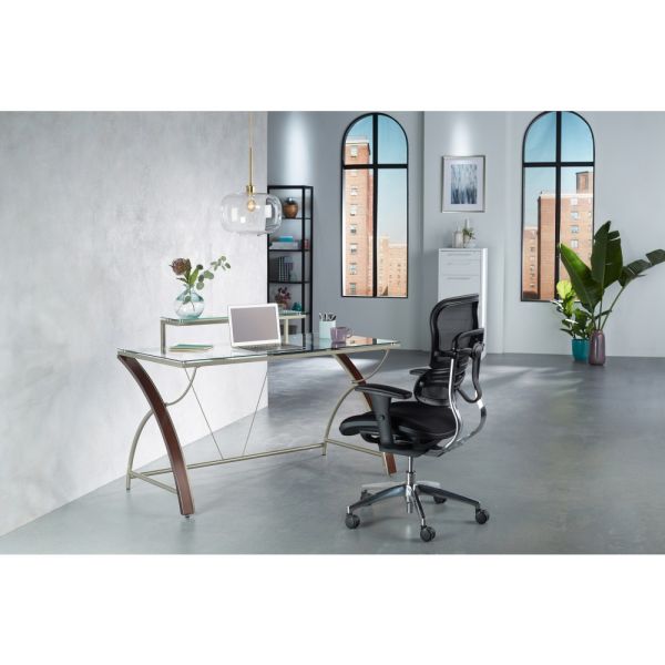 Axley 55”W Glass Computer Desk， Cherry/Silver