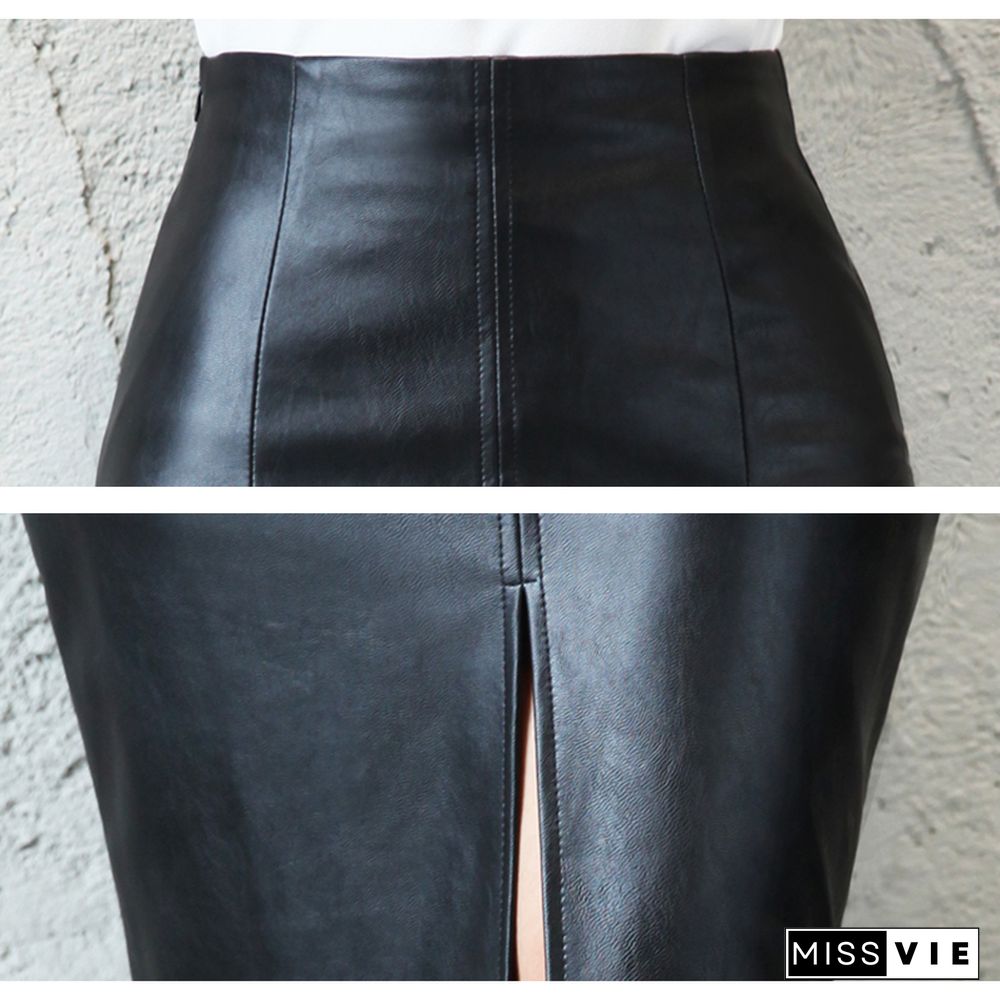 Women PU Leather Midi Skirt Autumn Winter Ladies Package Hip Front Or Back Slit Pencil Skirt