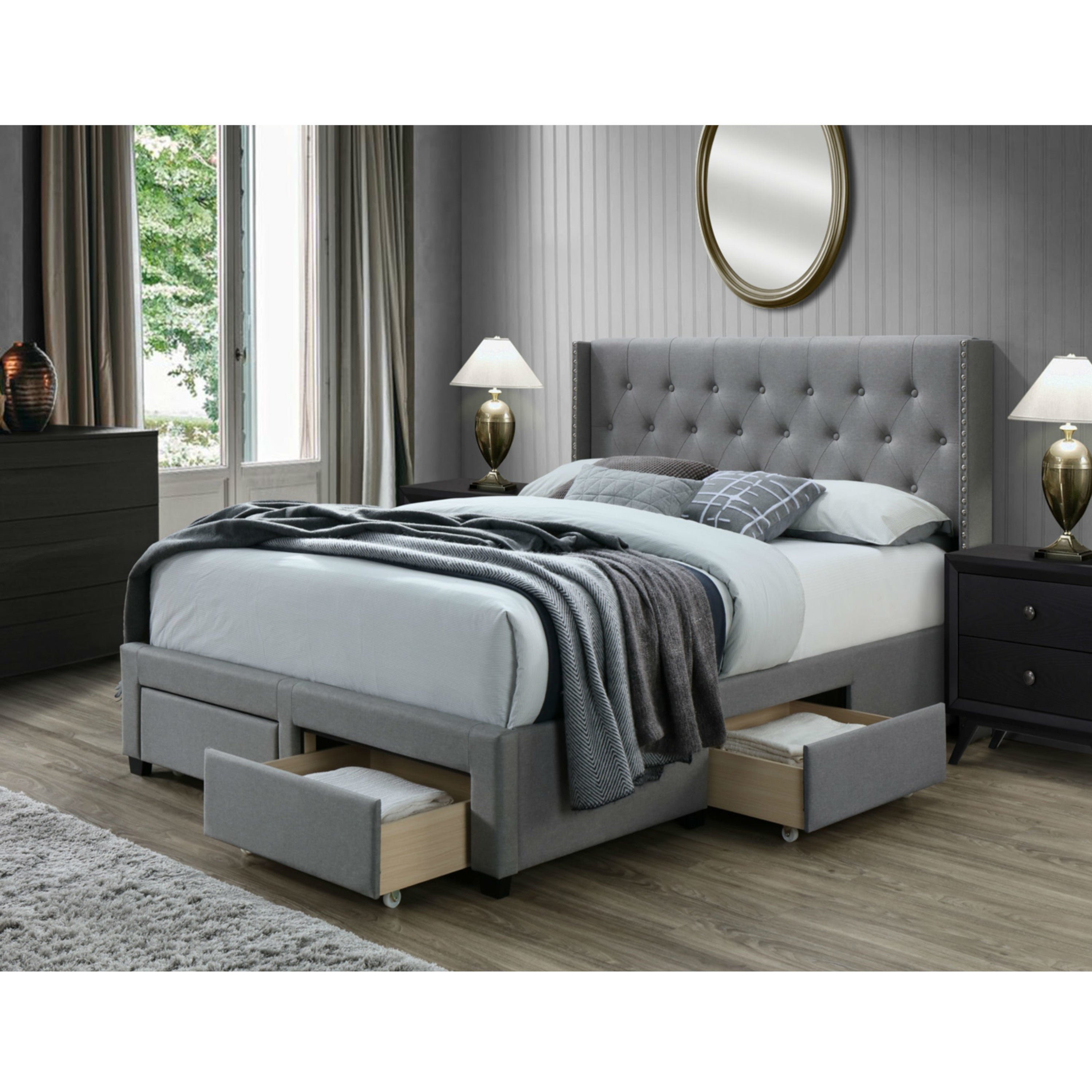 DG Casa Bardy Diamond Tufted Upholstered Panel Bed Frame with Storage Drawers and Nailhead Trim Wingback Headboard, Queen Size in Grey Fabric